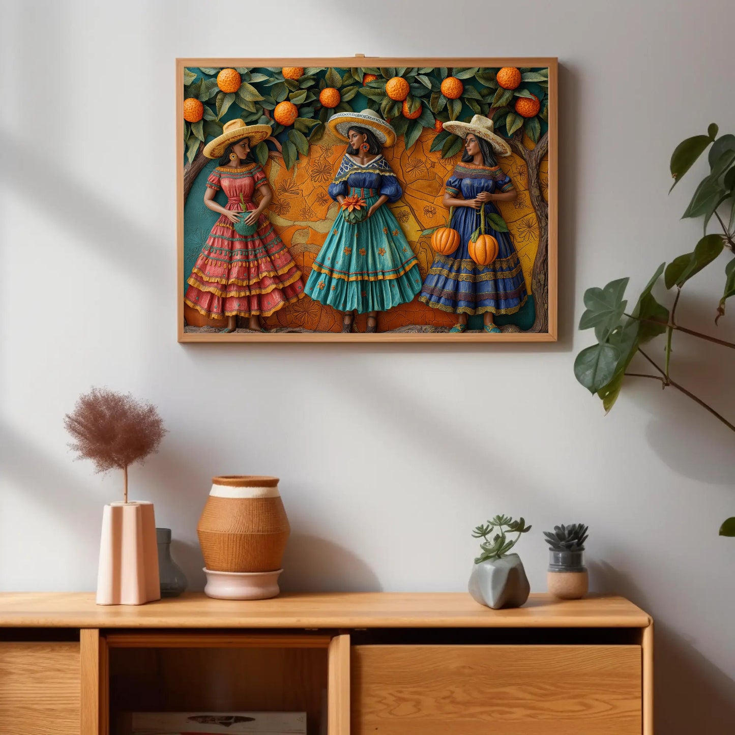 a painting on a wall above a wooden cabinet