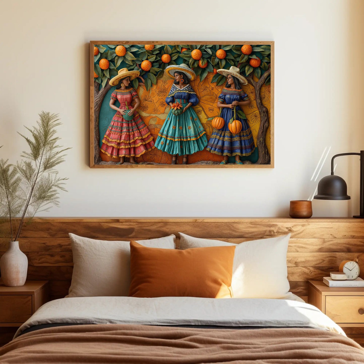 a bedroom with a bed and a painting on the wall