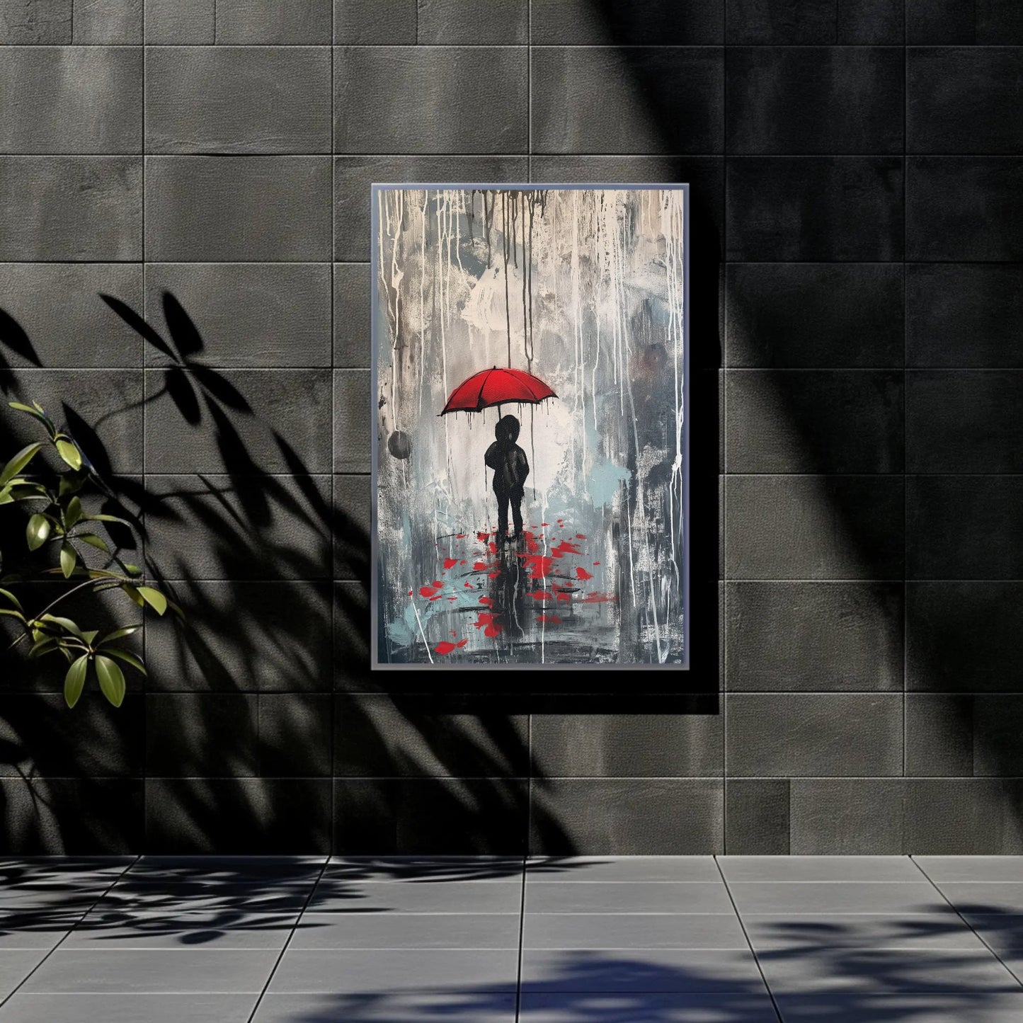 a painting of a person holding a red umbrella