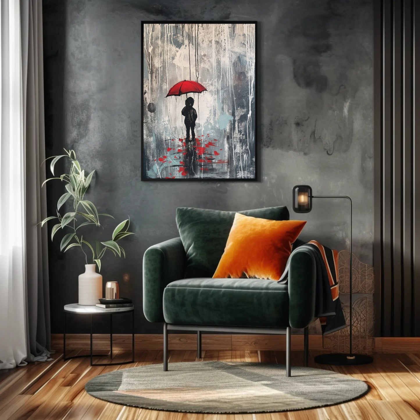 a living room with a couch and a painting on the wall
