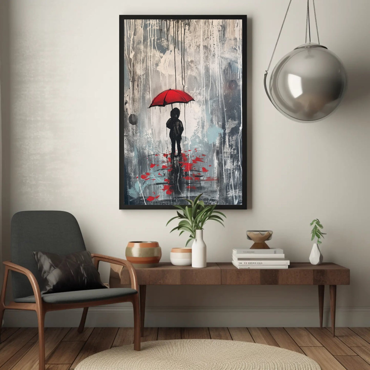 a painting of a person holding a red umbrella