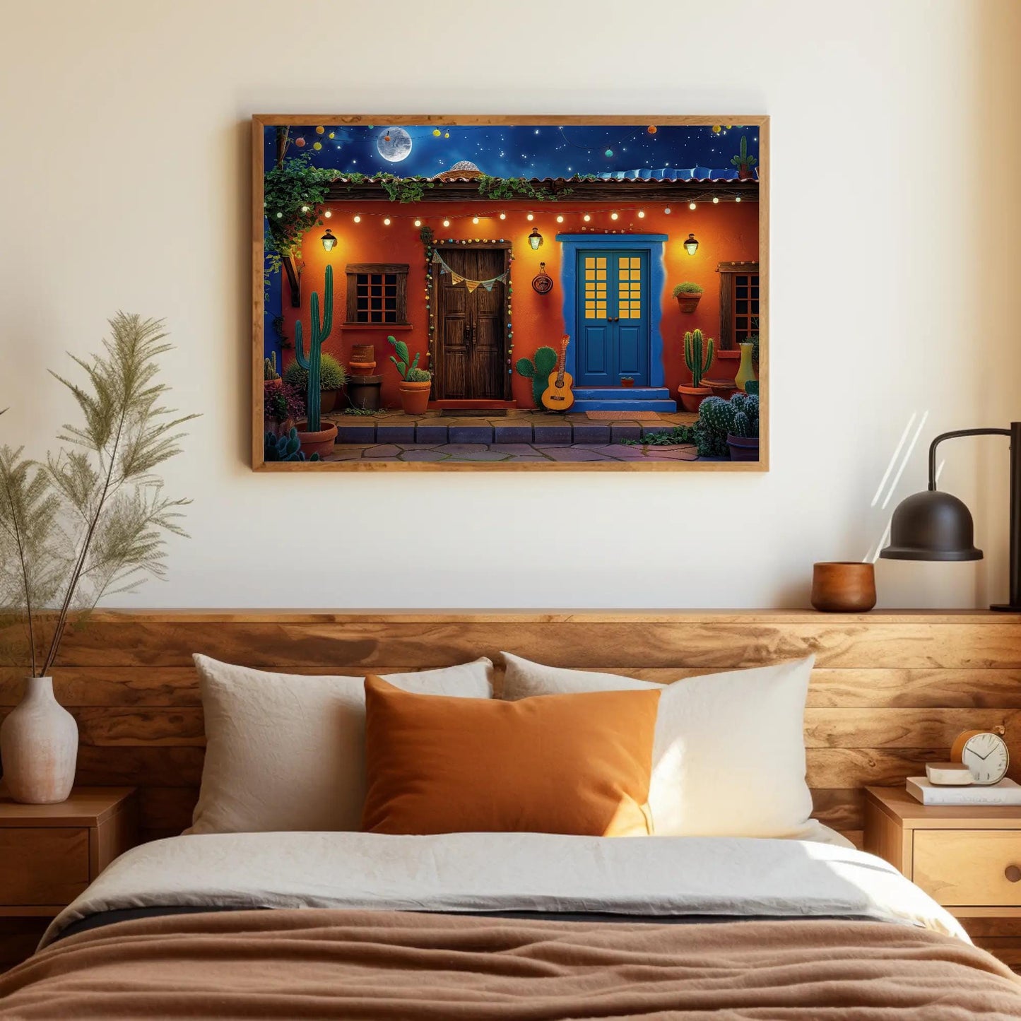a bedroom with a bed and a painting on the wall