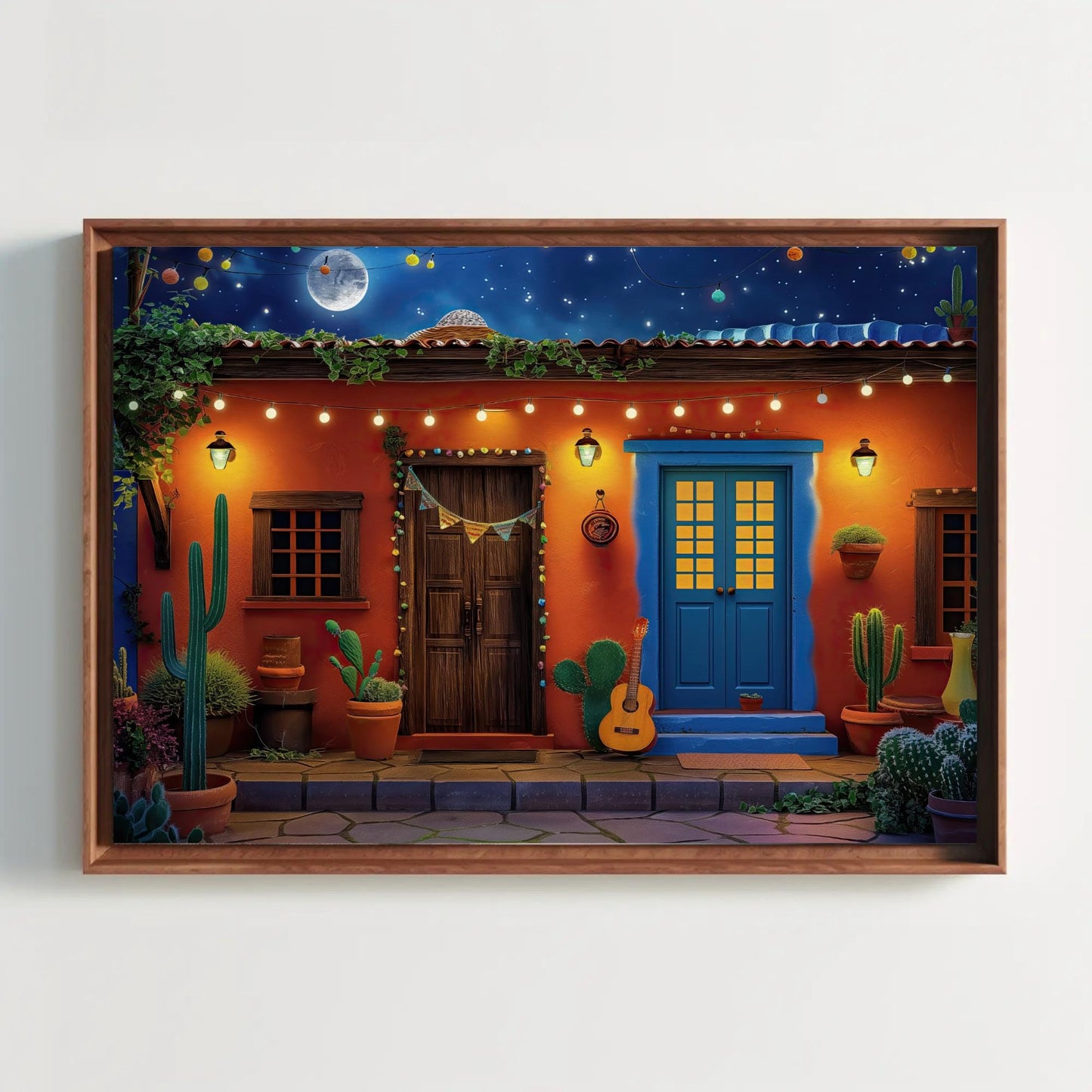 a painting of a house with a blue door
