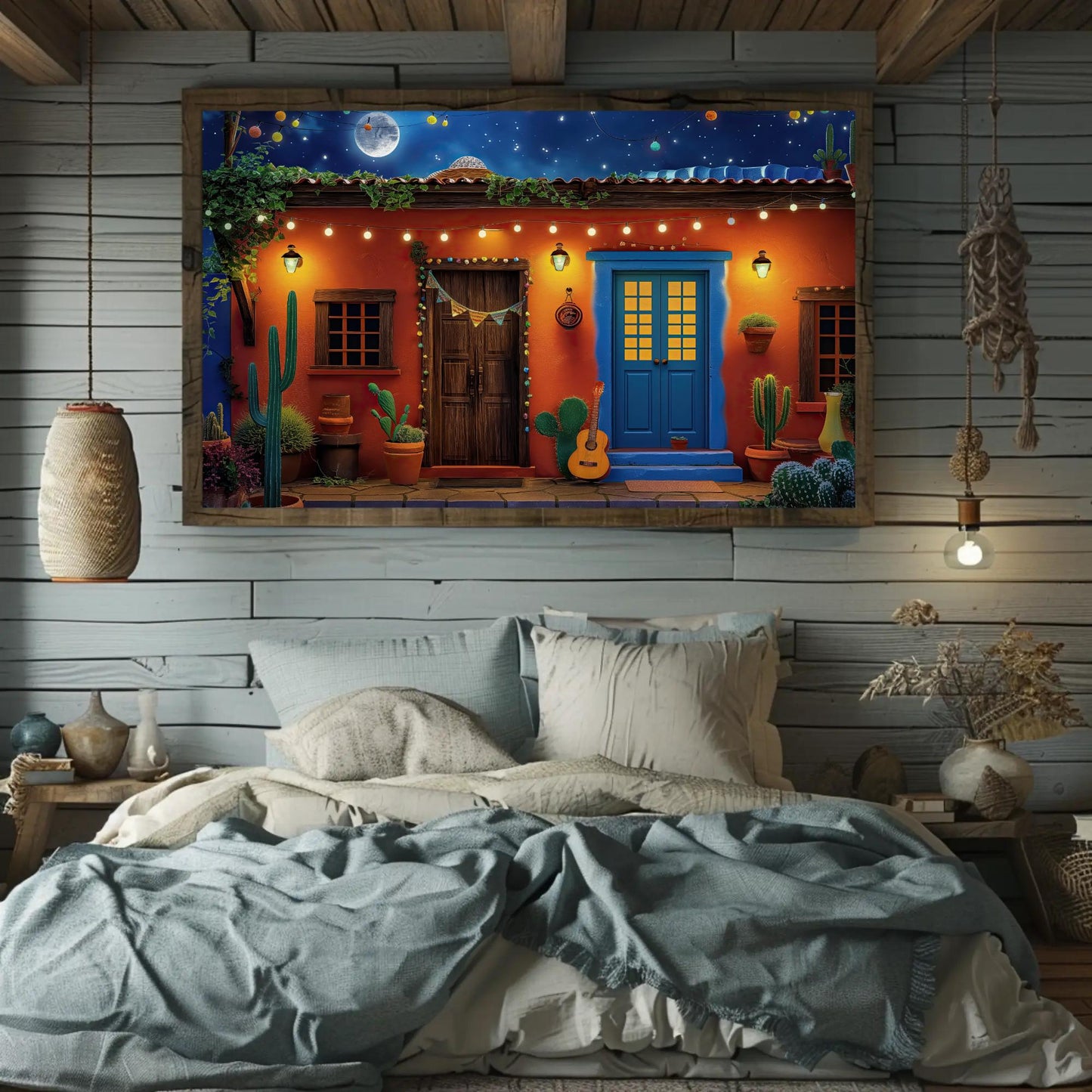a bedroom with a bed and a painting on the wall