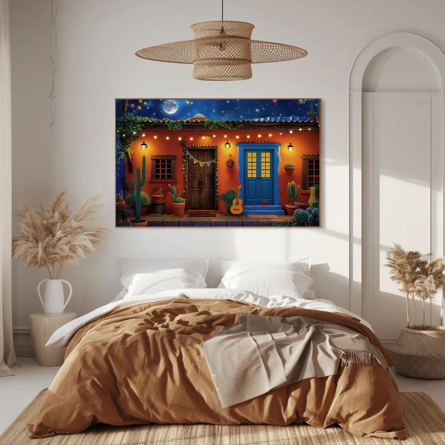 a bedroom with a bed and a painting on the wall