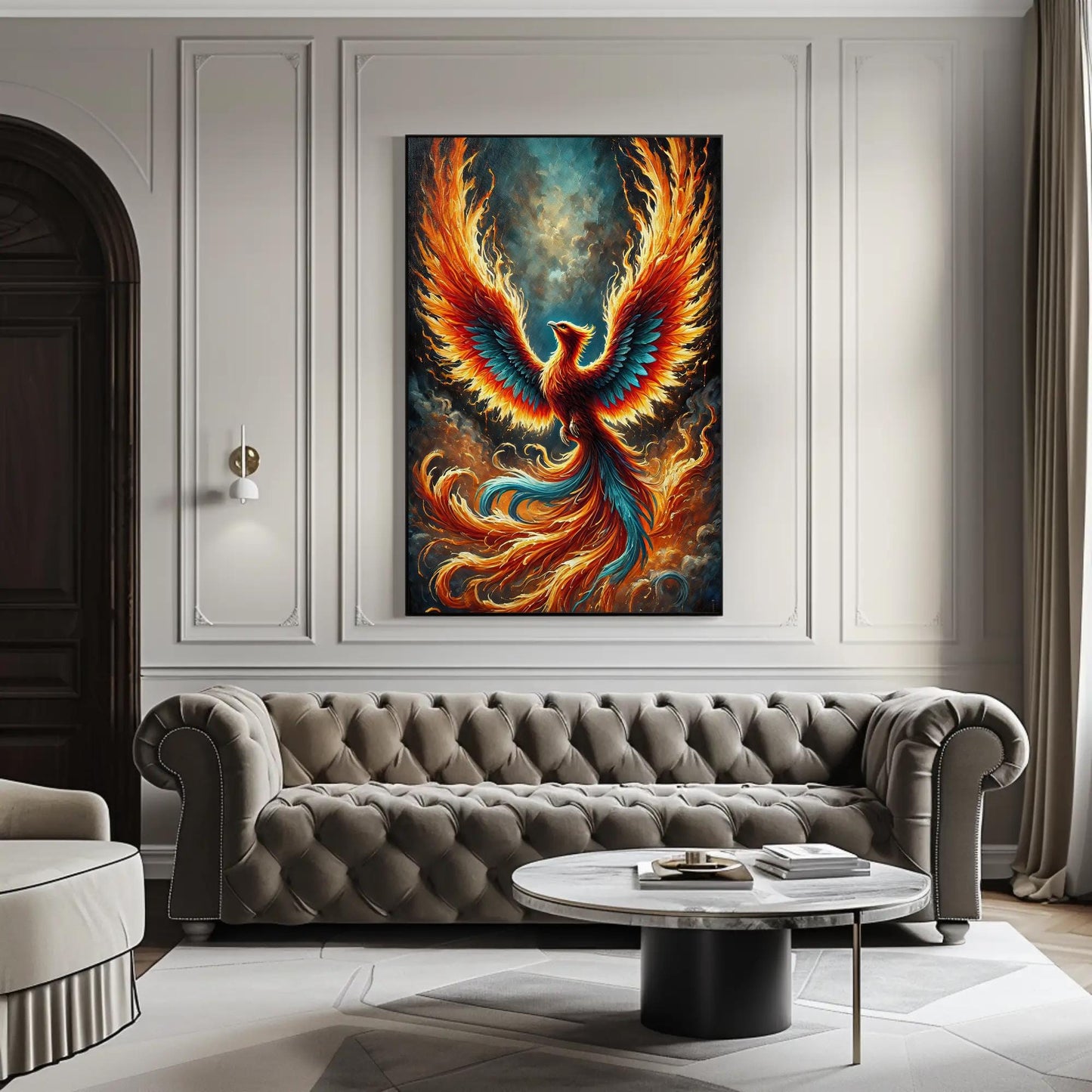 a living room with a couch and a painting on the wall