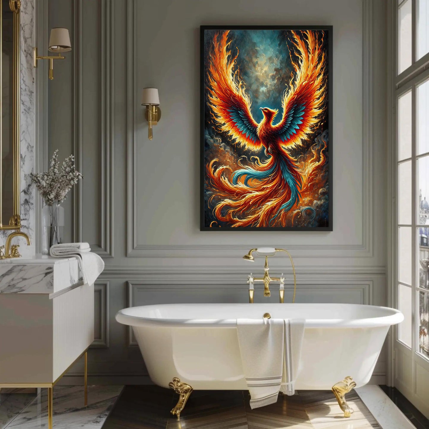 a bathroom with a bathtub and a painting on the wall