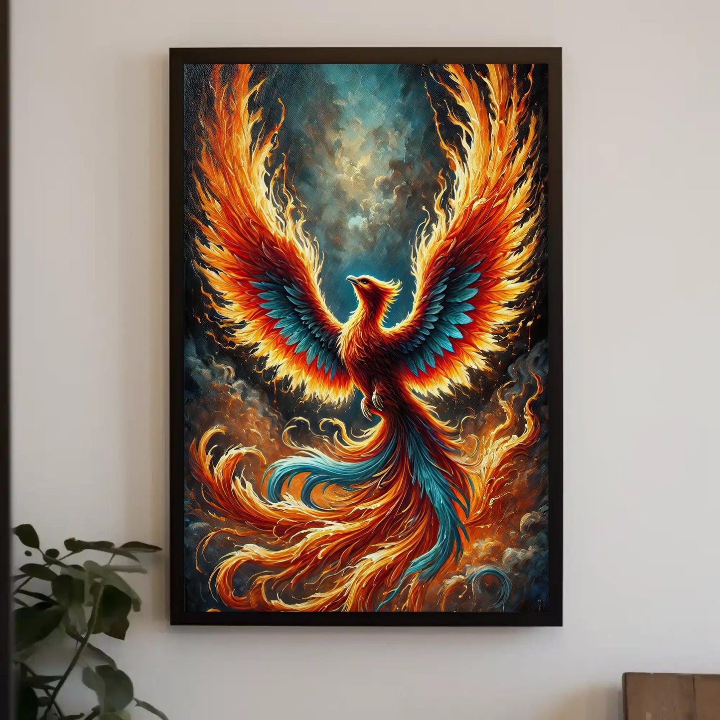 a painting of a colorful bird on a wall