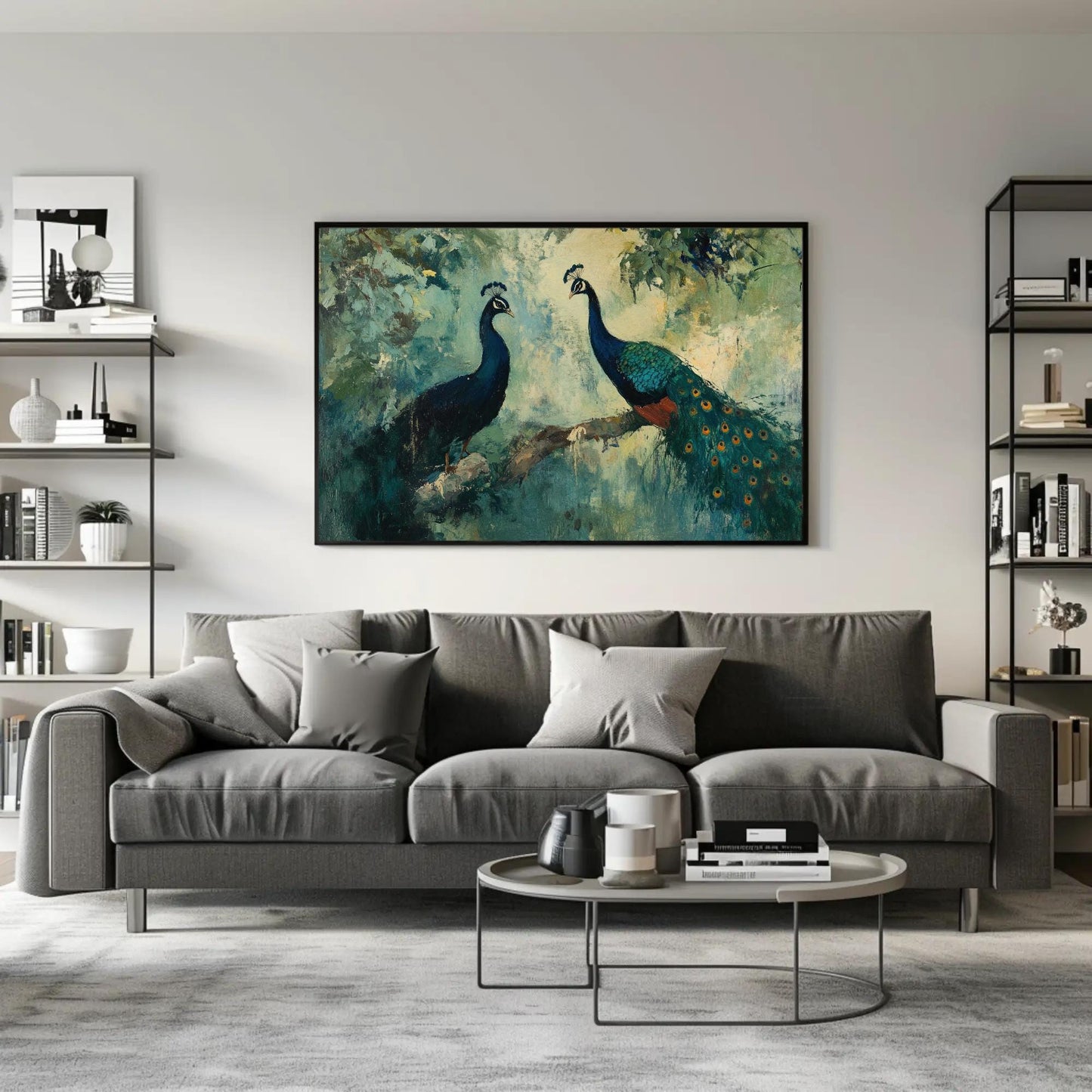 a living room with a couch and a painting on the wall