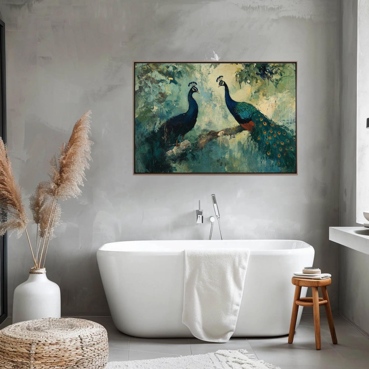 a bathroom with a tub and a painting on the wall
