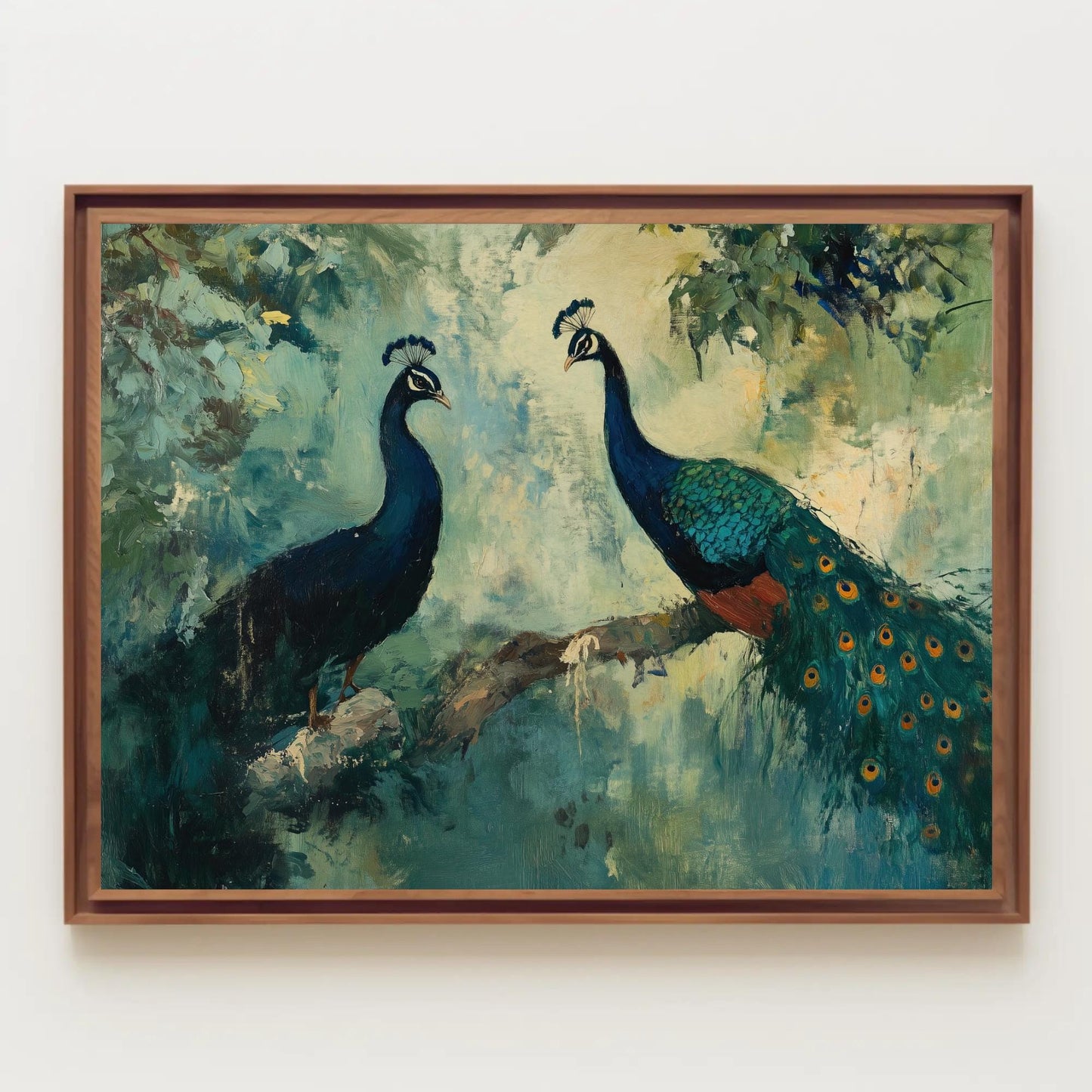 a painting of two peacocks sitting on a tree branch