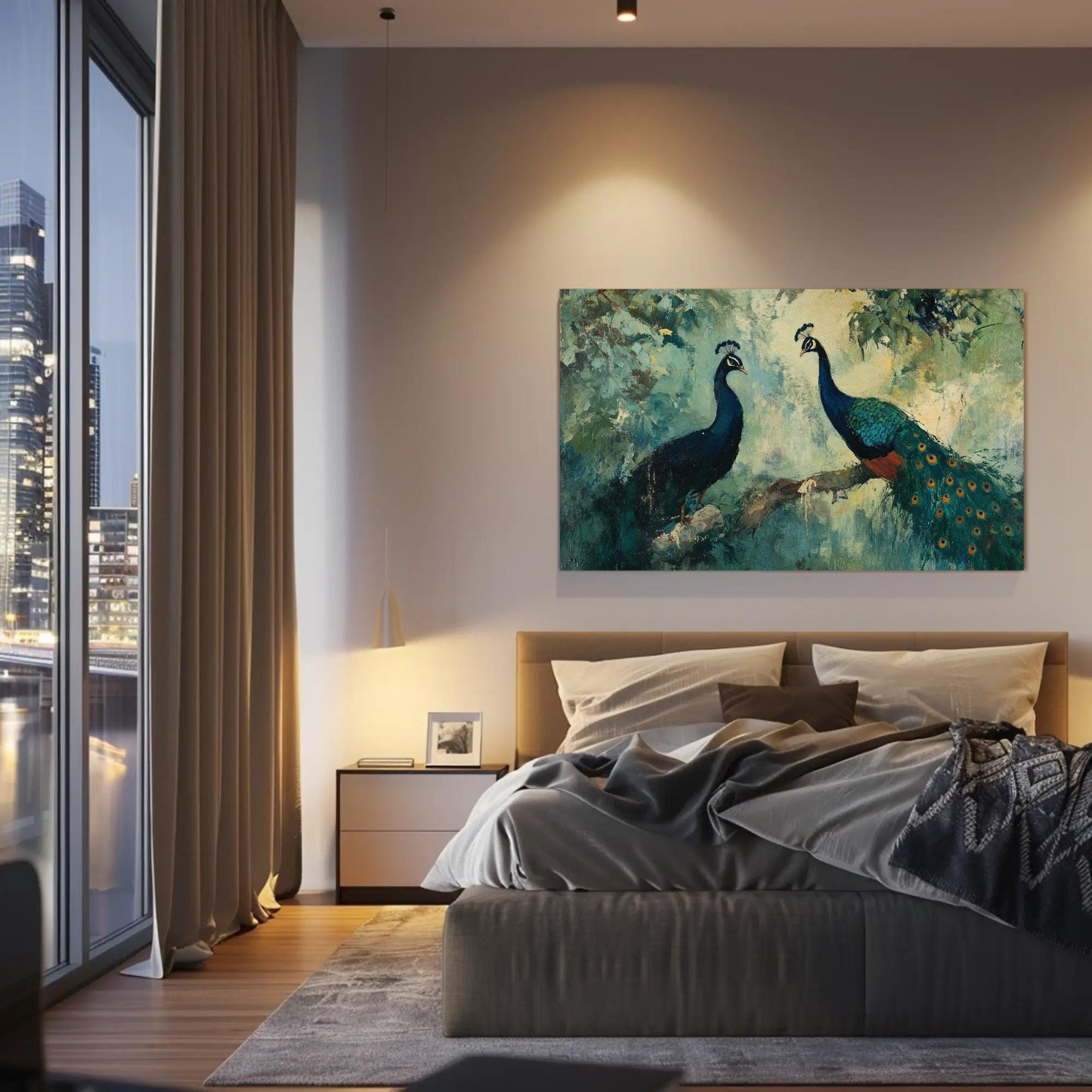 a bedroom with a large painting of two peacocks on the wall
