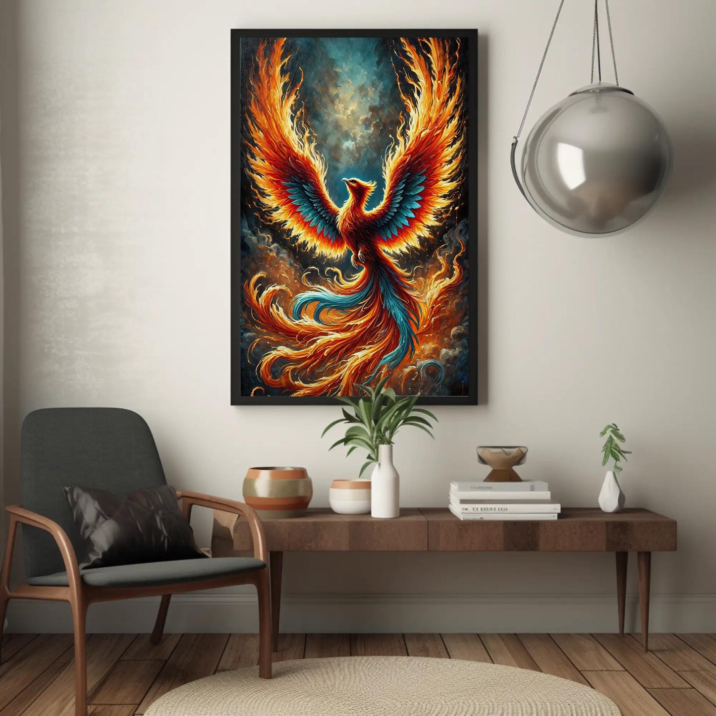 a living room with a painting of a bird on the wall