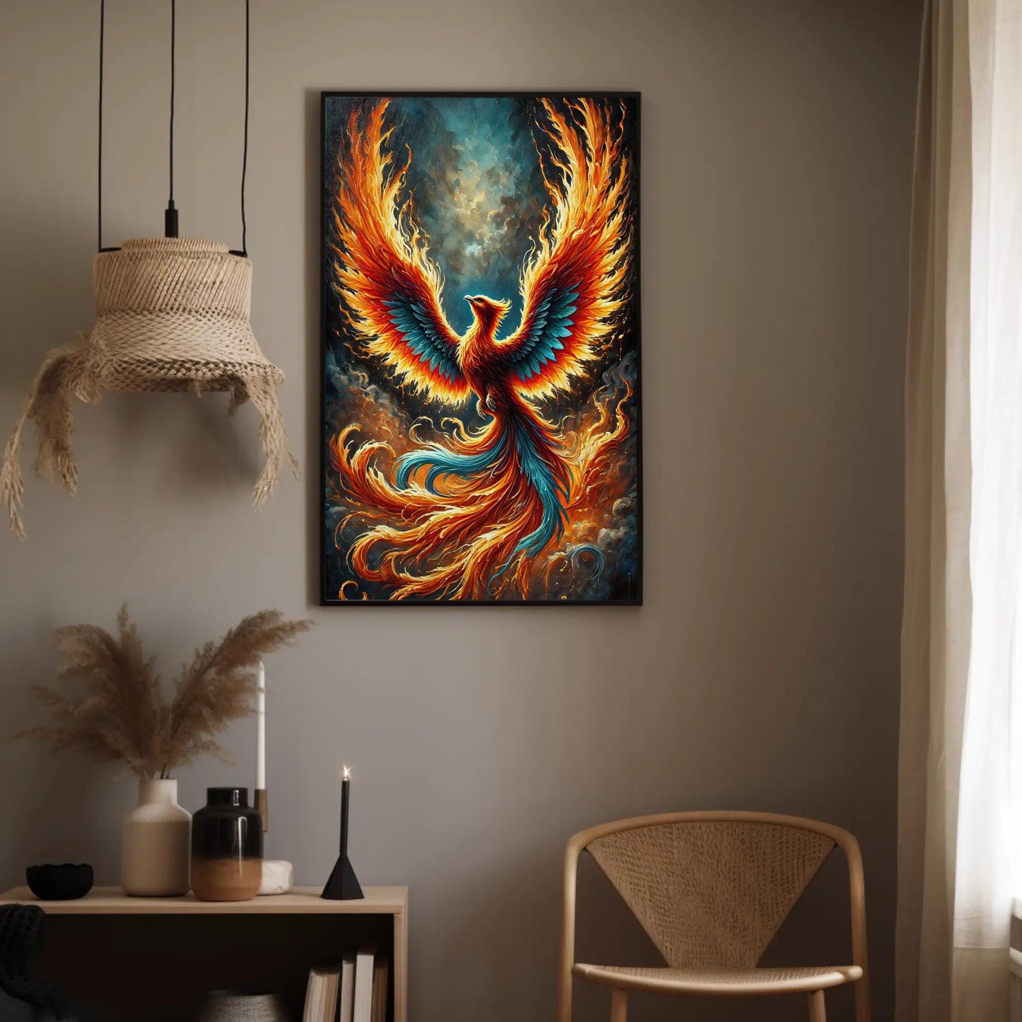 a painting of a bird on a wall above a chair
