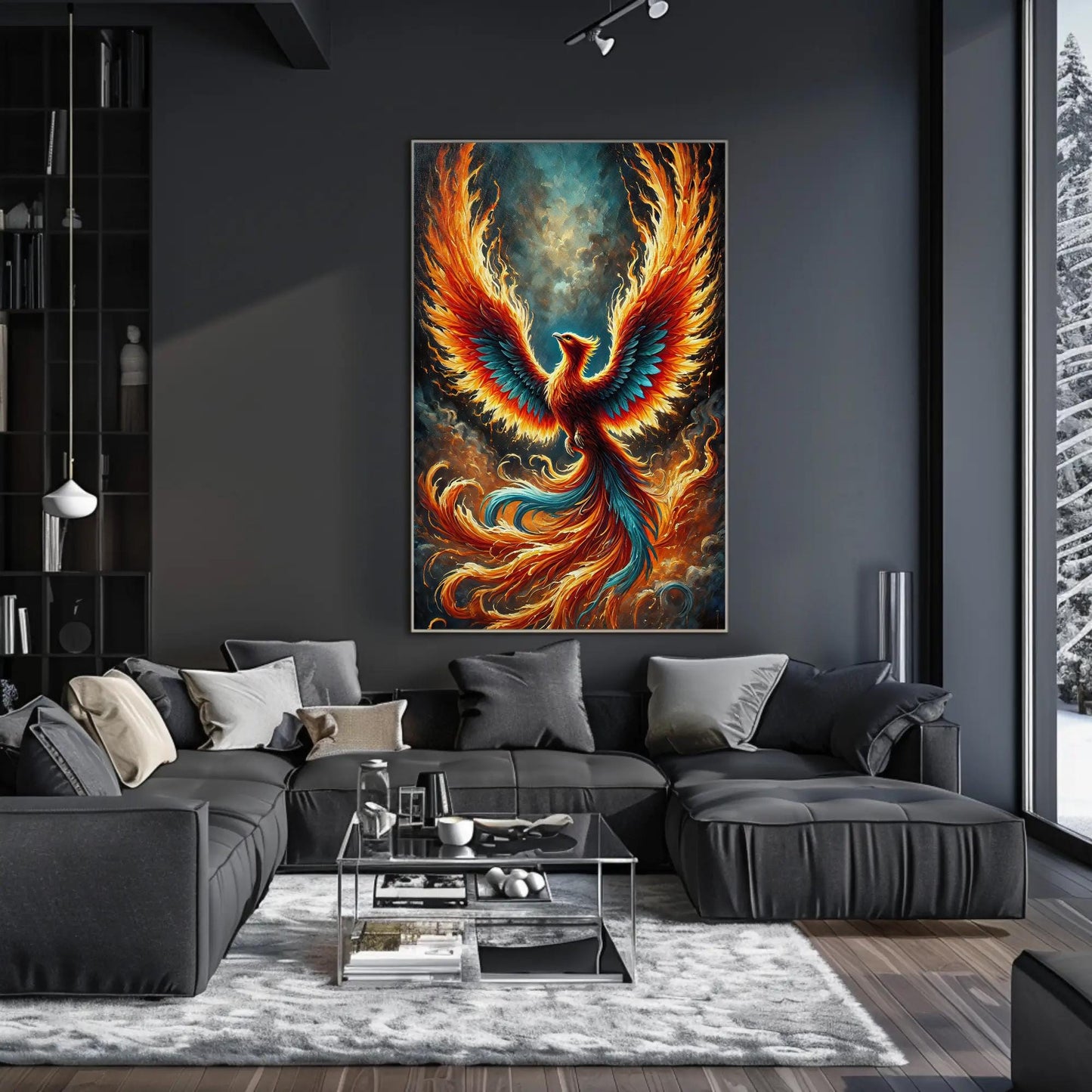 a living room filled with furniture and a painting on the wall
