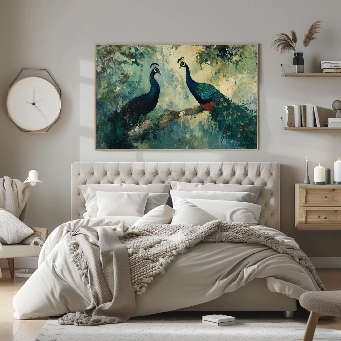 a bedroom with a large painting of two peacocks on the wall