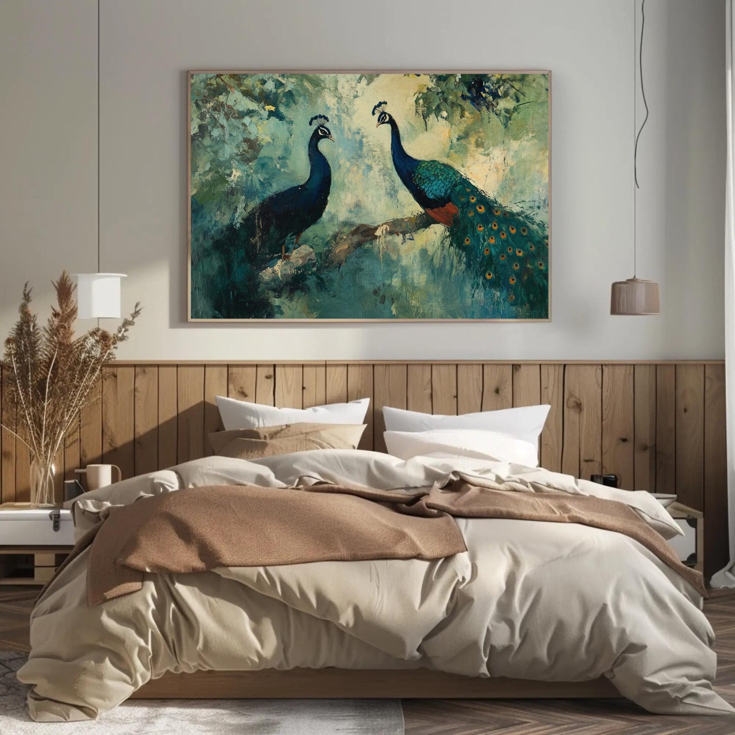 a painting of two peacocks on a wall above a bed