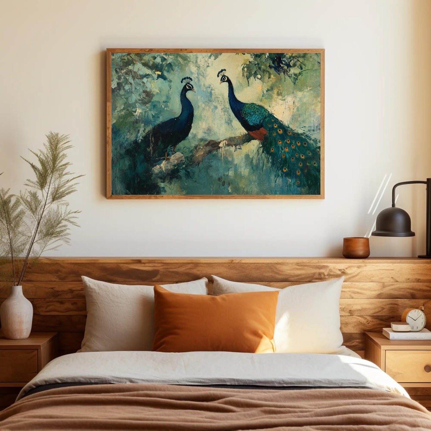 a painting of two peacocks on a wall above a bed