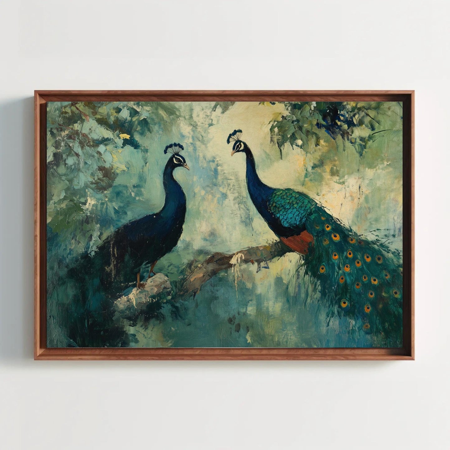 a painting of two peacocks on a wall