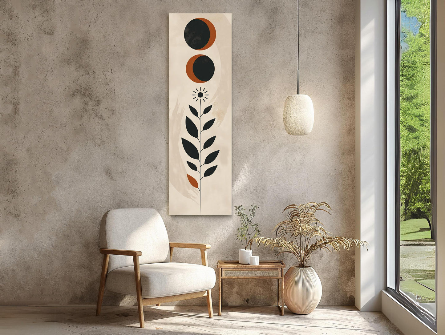 Moon and Leaves Minimalist Tall Narrow Canvas Art - Long Vertical Wall Decor - Modern Nature-Inspired Home Decor, Ready to Hang Wall Art – Canvas Print