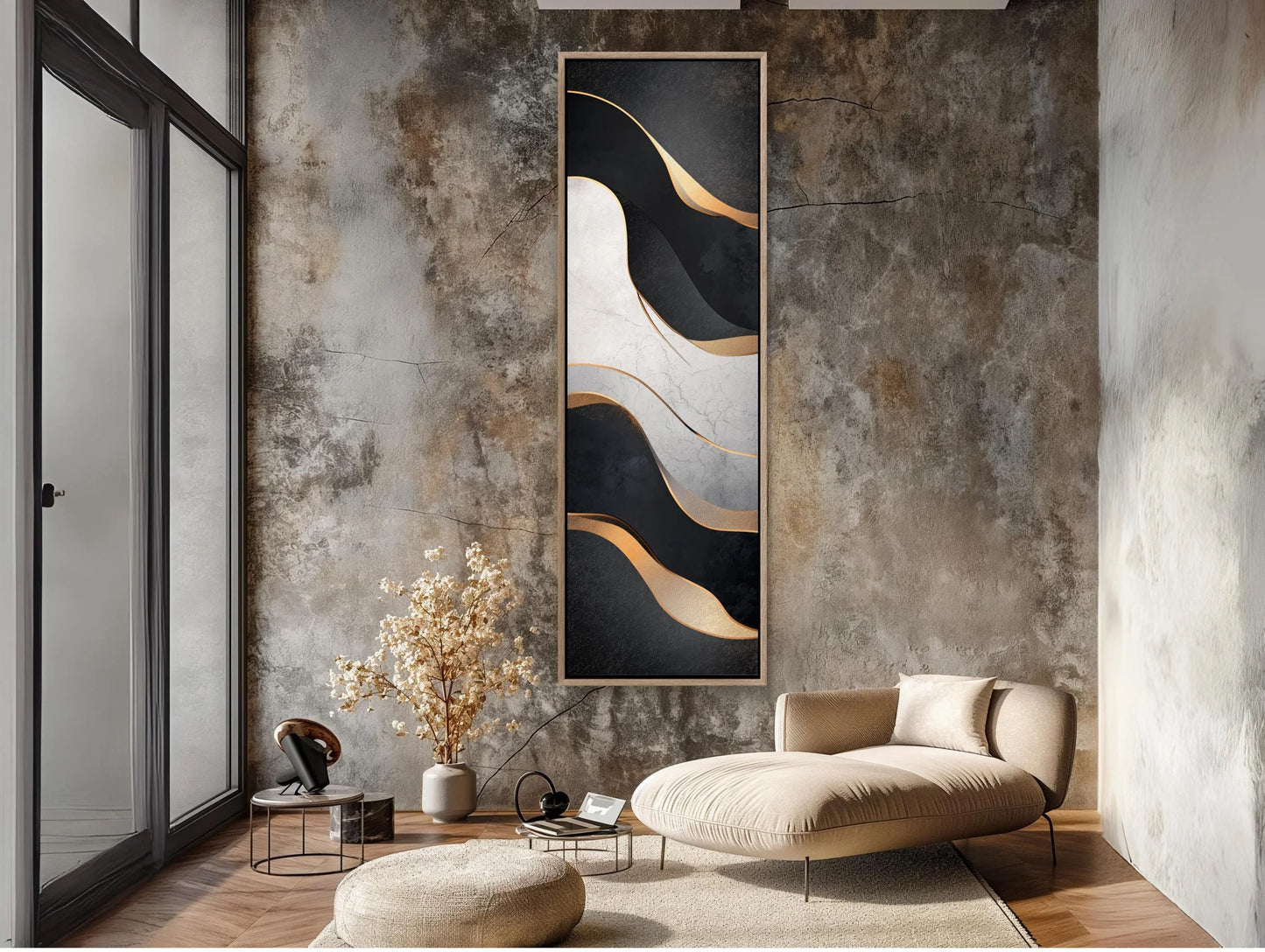 Muted Black and White with Gold Modern Design Vertical Canvas Print, Tall Narrow Abstract Wall Art for Bedroom or Office, Ready to Hang Wall Art – Canvas Print