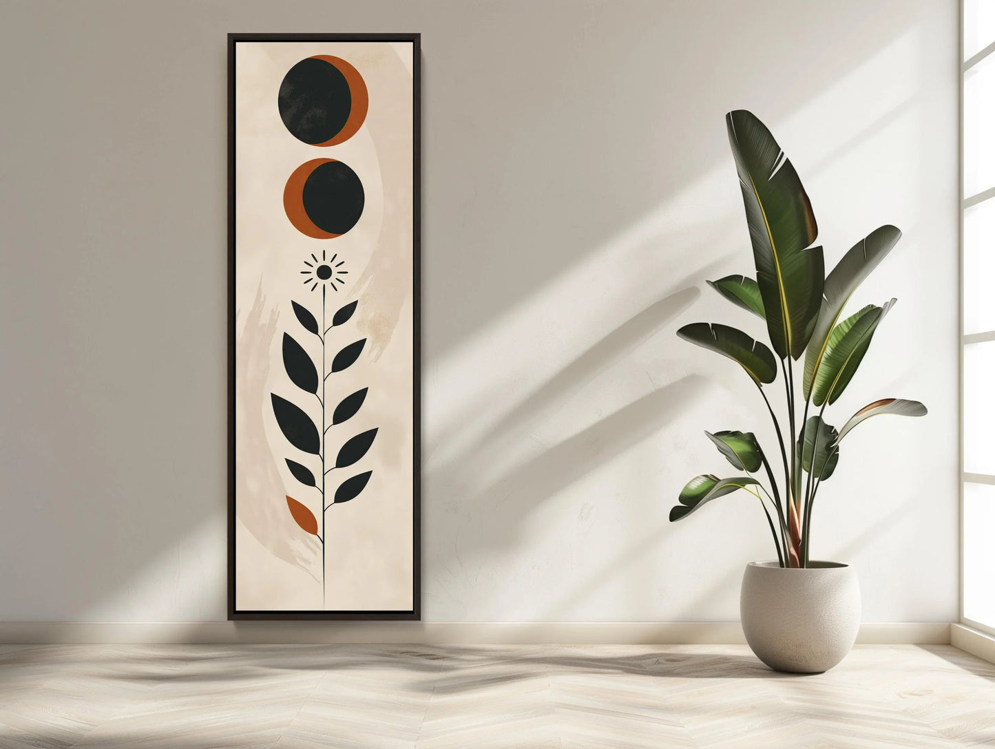 Moon and Leaves Minimalist Tall Narrow Canvas Art - Long Vertical Wall Decor - Modern Nature-Inspired Home Decor, Ready to Hang Wall Art – Canvas Print