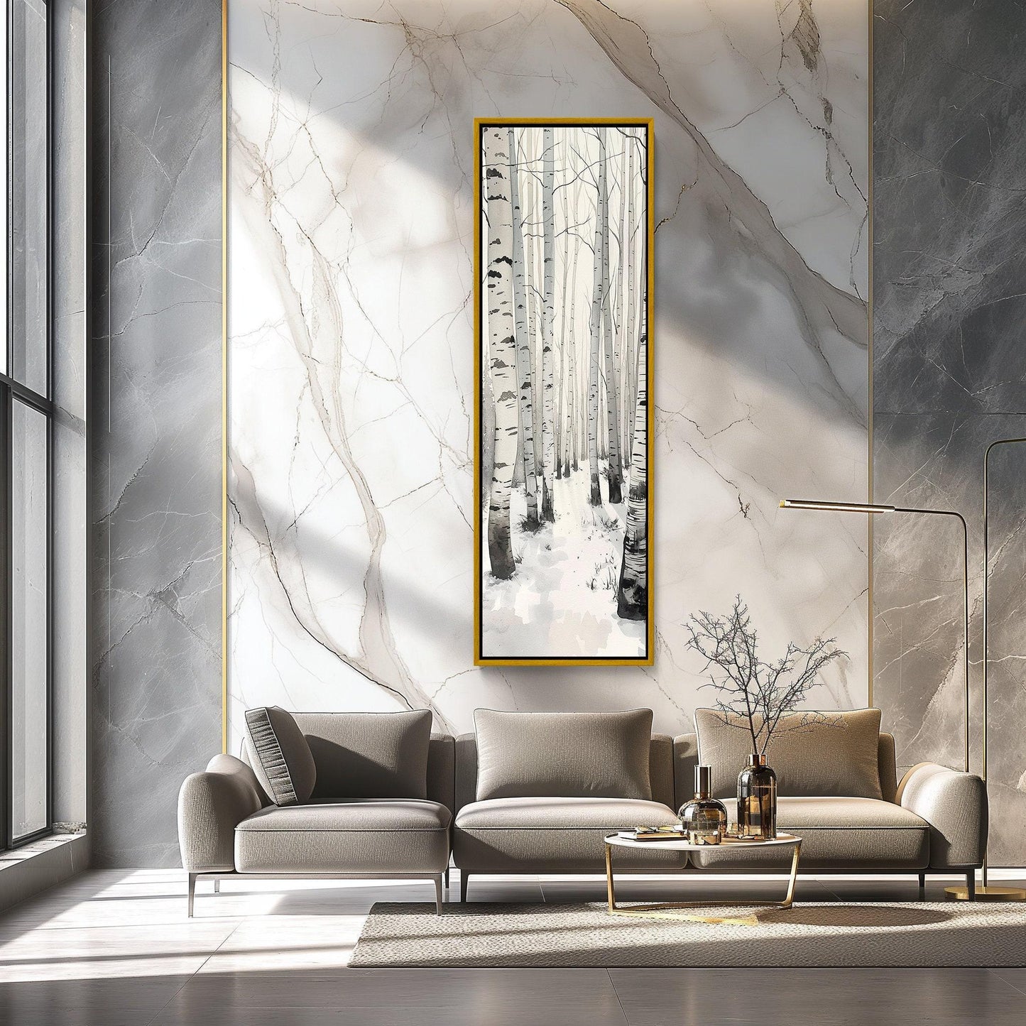 White birch grove forest tall narrow canvas print snow birch trees calm nature wall decor white framed canvas winter landscape ready to hang Wall Art – Canvas Print