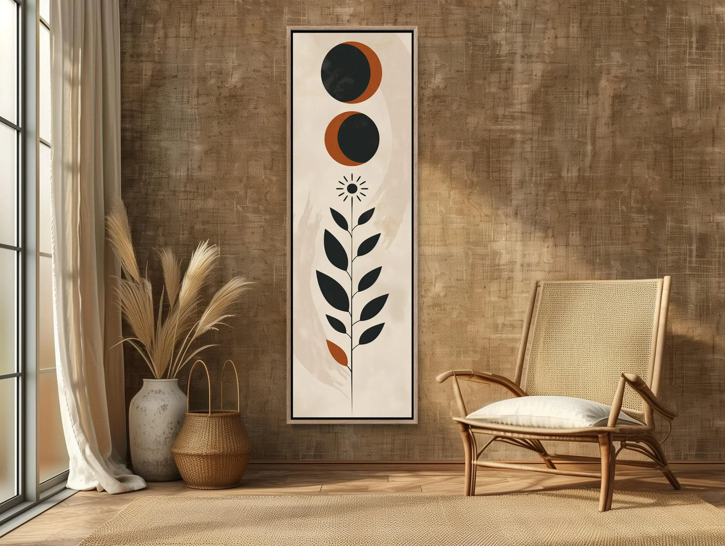 Moon and Leaves Minimalist Tall Narrow Canvas Art - Long Vertical Wall Decor - Modern Nature-Inspired Home Decor, Ready to Hang Wall Art – Canvas Print