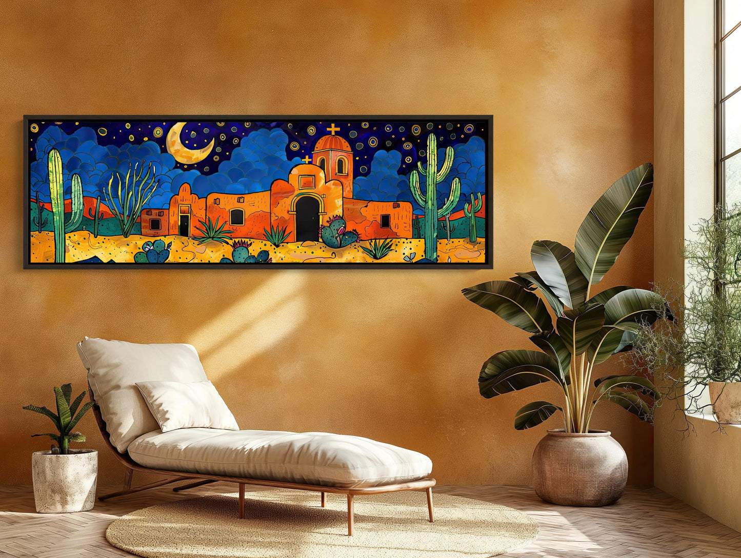Mexican Southwest Desert Painting, Long Horizontal Extra Large Canvas Art, Panoramic Framed Wall Decor for Living Room, Ready to Hang Wall Art – Canvas Print