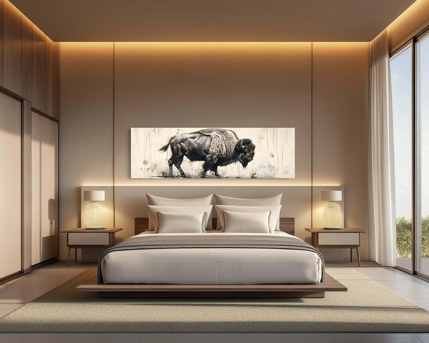 Bison Panoramic Canvas Print | Framed Wall Art | Bison Painting | American Buffalo Art | Wildlife Wall Art | Rustic Decor | Ready To Hang Wall Art – Canvas Print