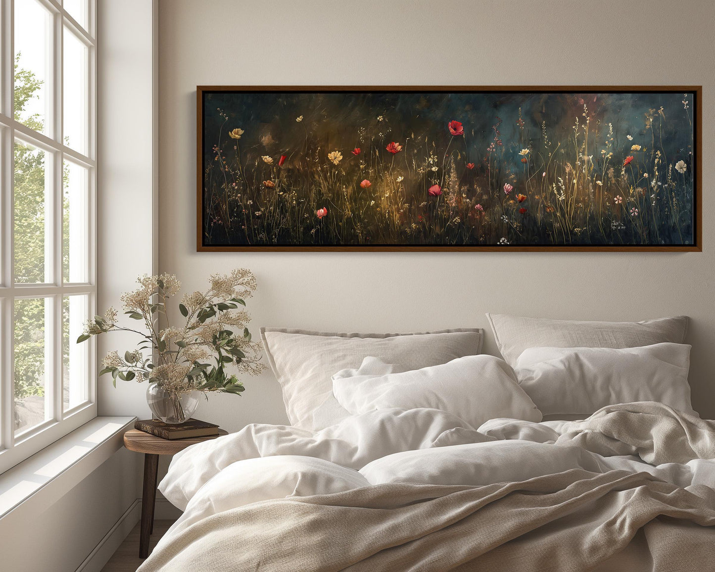 Wildflower Meadow Field Oil Painting - Long Horizontal Canvas Art - Panoramic Dark Academia Wall Decor for Above Bed, Bedroom, Living Room Wall Art – Canvas Print