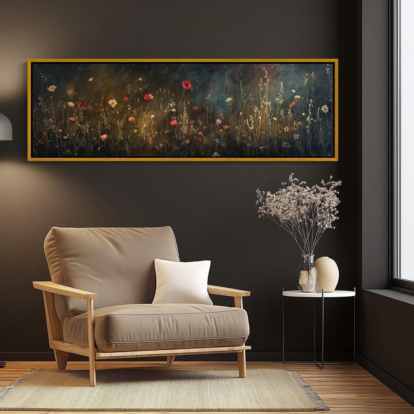 Wildflower Meadow Field Oil Painting - Long Horizontal Canvas Art - Panoramic Dark Academia Wall Decor for Above Bed, Bedroom, Living Room Wall Art – Canvas Print