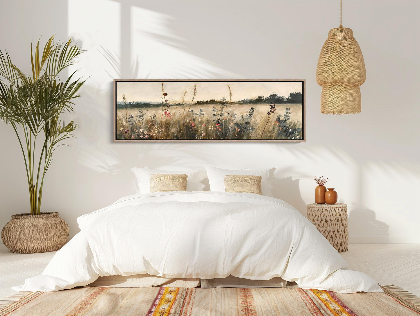 Muted Vintage Wildflowers Field Oil Painting, Long Horizontal Extra Large Canvas Art, Panoramic Rustic Wall Decor for Above the Bed Bedroom Wall Art – Canvas Print