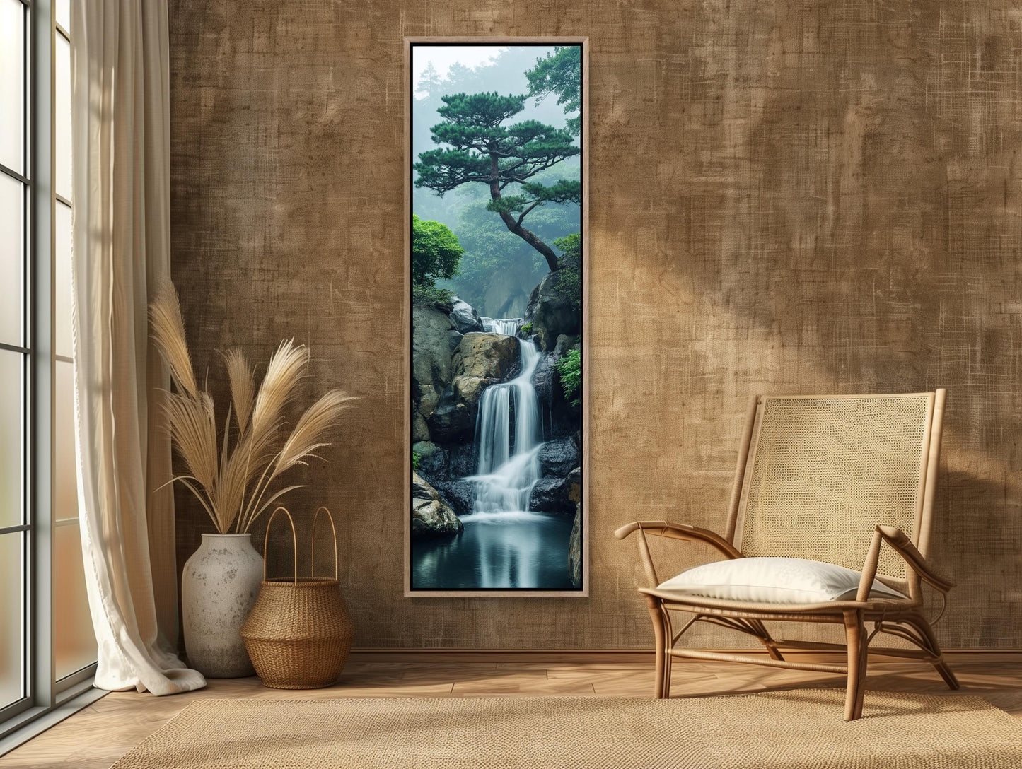 Zen Waterfall Long Vertical Canvas, Tall Narrow Tranquil Wall Art, Framed Nature Decor for Meditation Room or Living Room, Ready to Hang Wall Art – Canvas Print