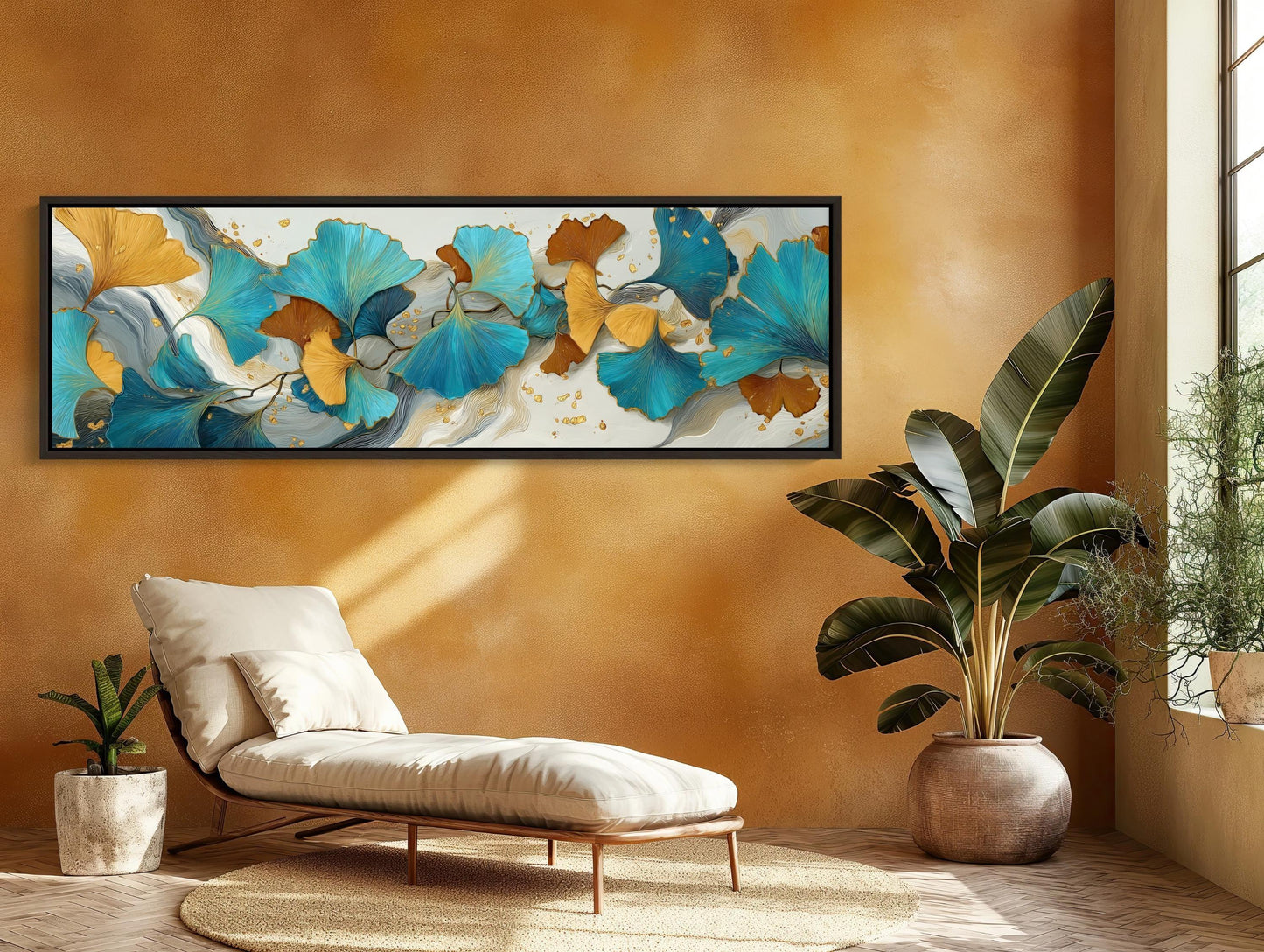 Ginkgo Leaf Abstract Canvas Wall Art Extra Large Panoramic Horizontal Botanical Print For Elegant Contemporary Room Decor Wall Art – Canvas Print