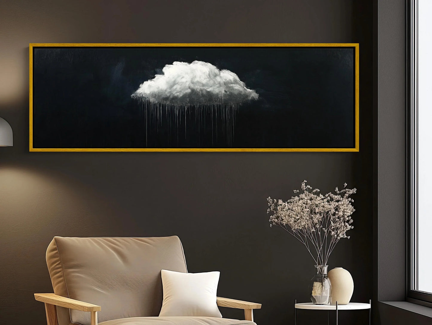 White cloud canvas art panoramic extra large long horizontal rain cloud painting modern minimal wall decor for bedroom or office space Wall Art – Canvas Print