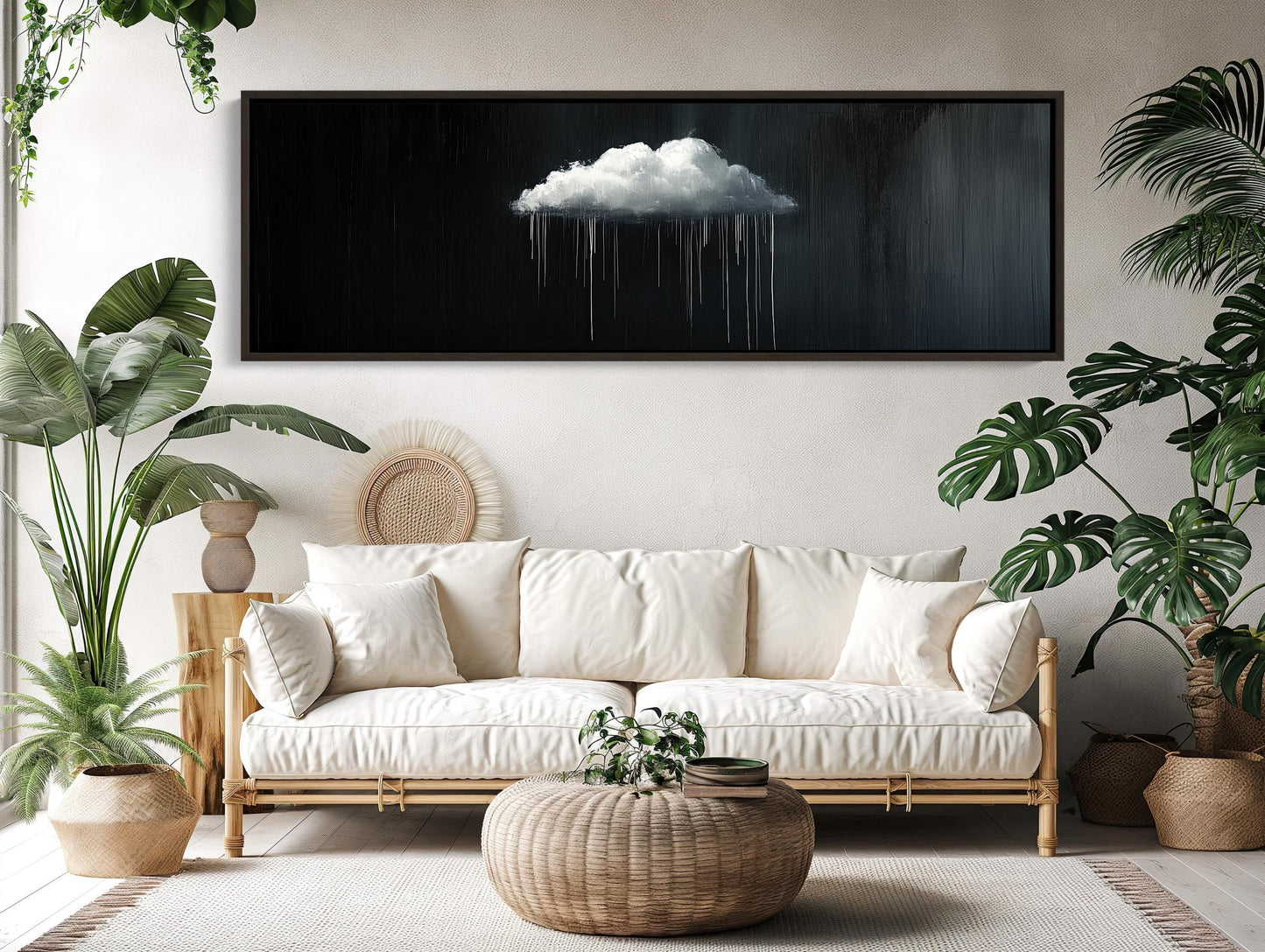 Minimalist Rain Cloud Print, Long Horizontal Extra Large Canvas Art, Black and White Modern Wall Decor for Moody Interiors Wall Art – Canvas Print