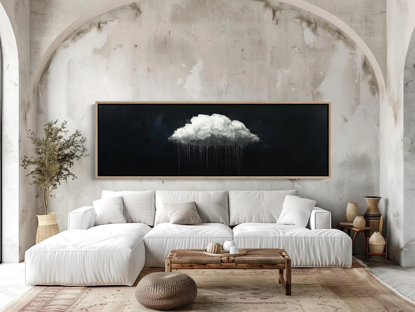 White cloud canvas art panoramic extra large long horizontal rain cloud painting modern minimal wall decor for bedroom or office space Wall Art – Canvas Print