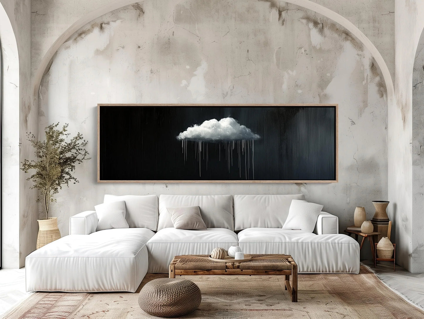 Minimalist Rain Cloud Print, Long Horizontal Extra Large Canvas Art, Black and White Modern Wall Decor for Moody Interiors Wall Art – Canvas Print