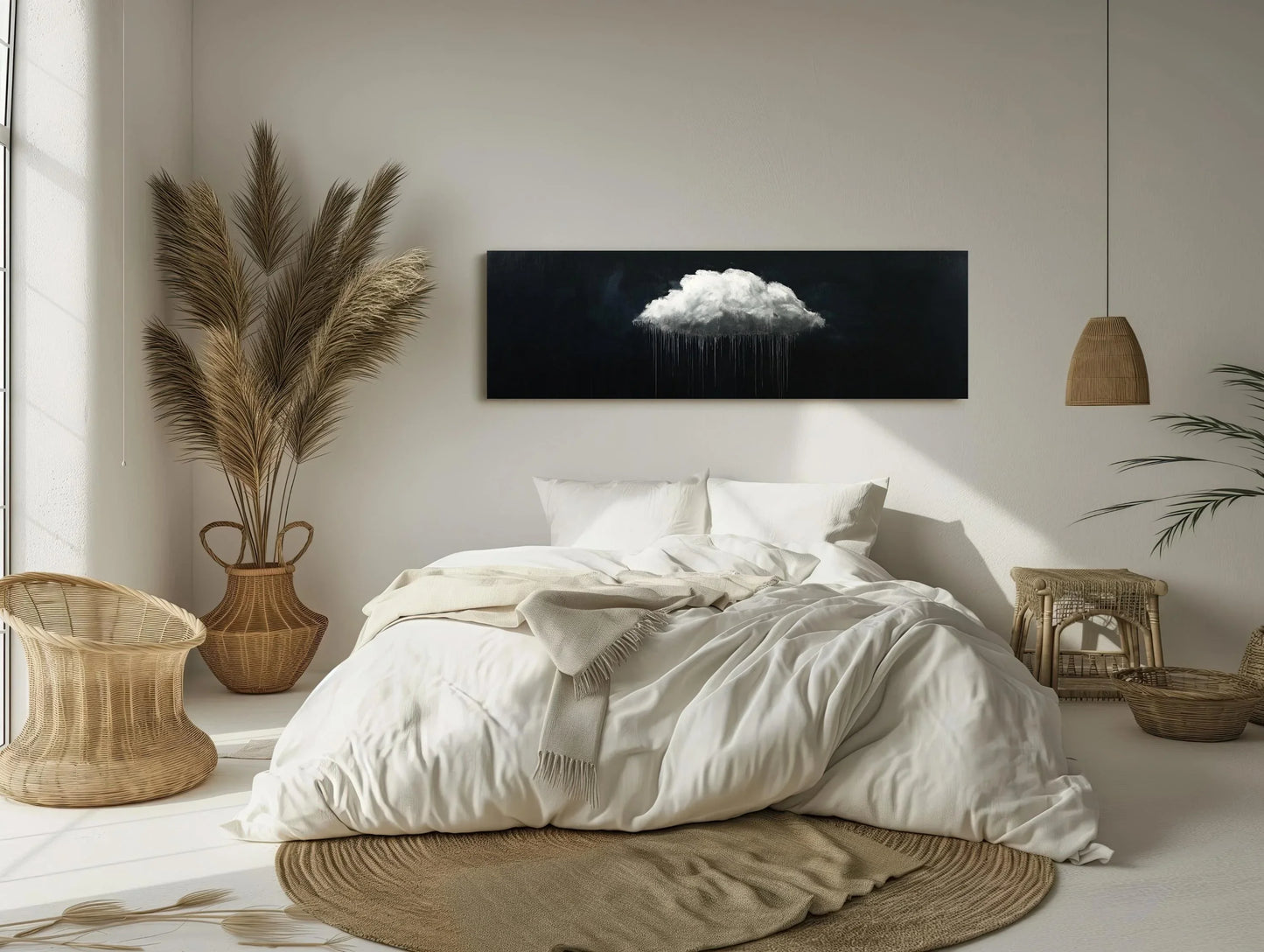 White cloud canvas art panoramic extra large long horizontal rain cloud painting modern minimal wall decor for bedroom or office space Wall Art – Canvas Print
