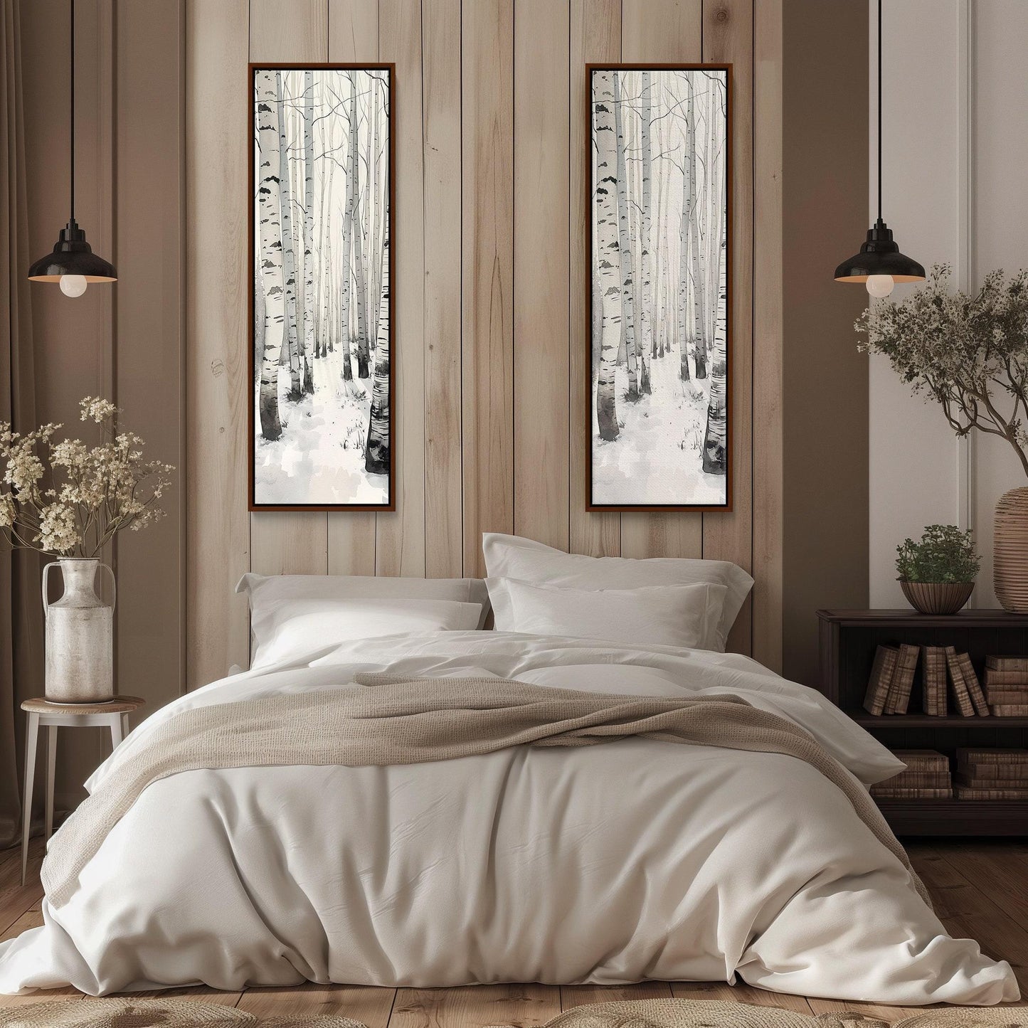 White birch grove forest tall narrow canvas print snow birch trees calm nature wall decor white framed canvas winter landscape ready to hang Wall Art – Canvas Print