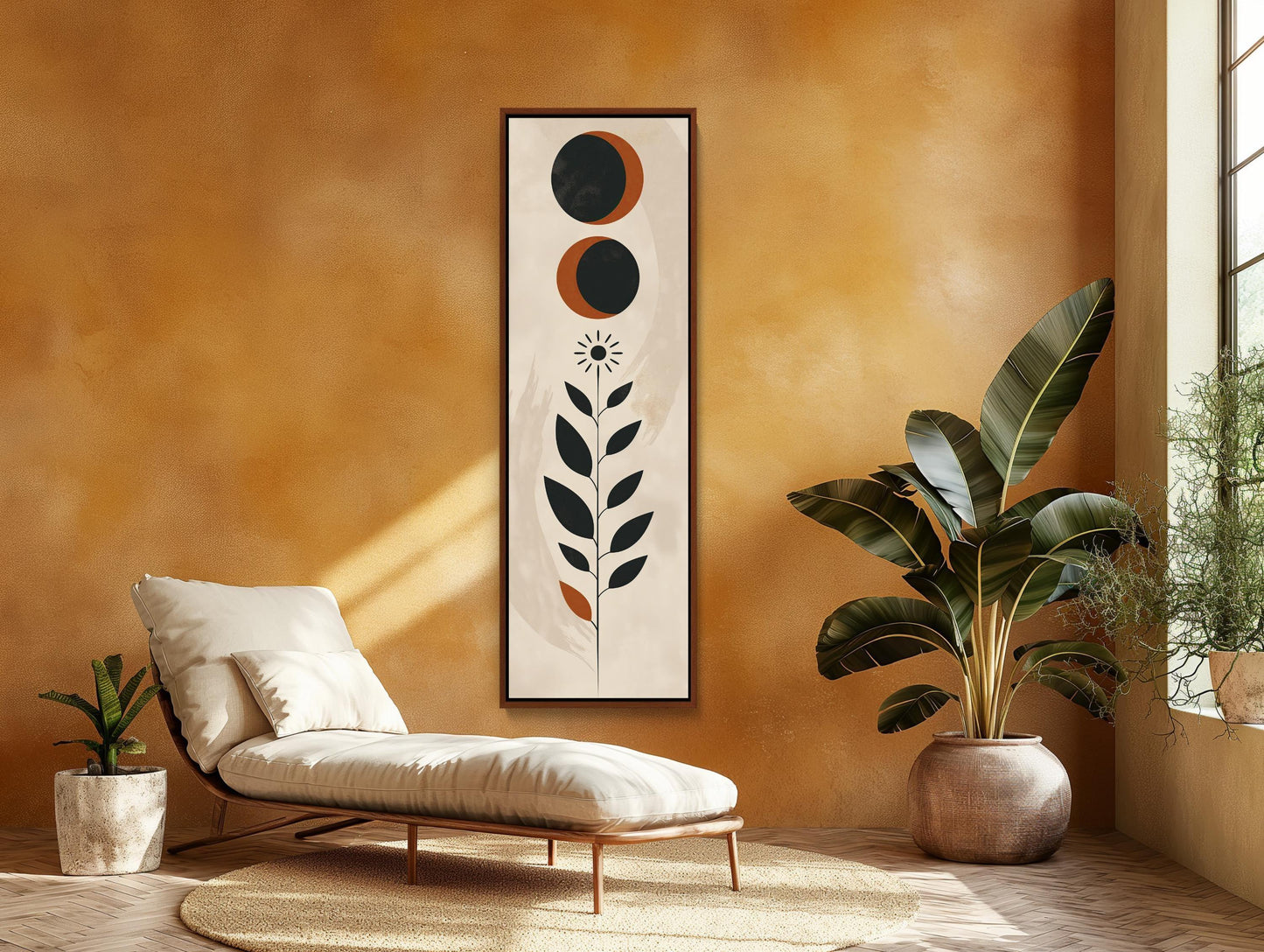 Moon and Leaves Minimalist Tall Narrow Canvas Art - Long Vertical Wall Decor - Modern Nature-Inspired Home Decor, Ready to Hang Wall Art – Canvas Print