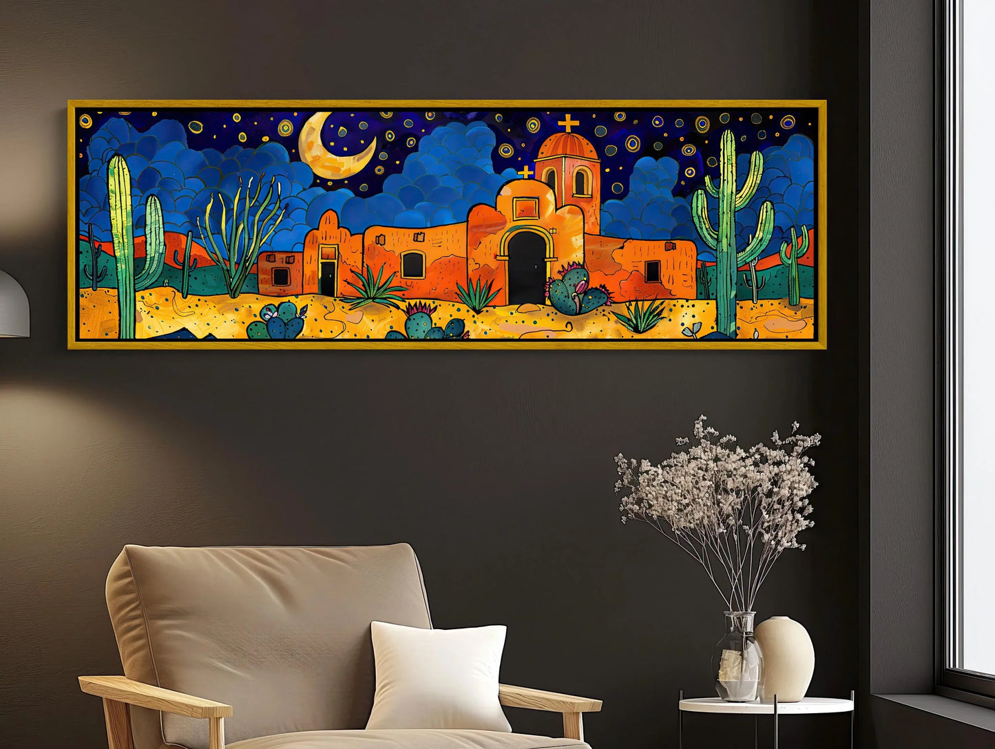 Mexican Southwest Desert Painting, Long Horizontal Extra Large Canvas Art, Panoramic Framed Wall Decor for Living Room, Ready to Hang Wall Art – Canvas Print