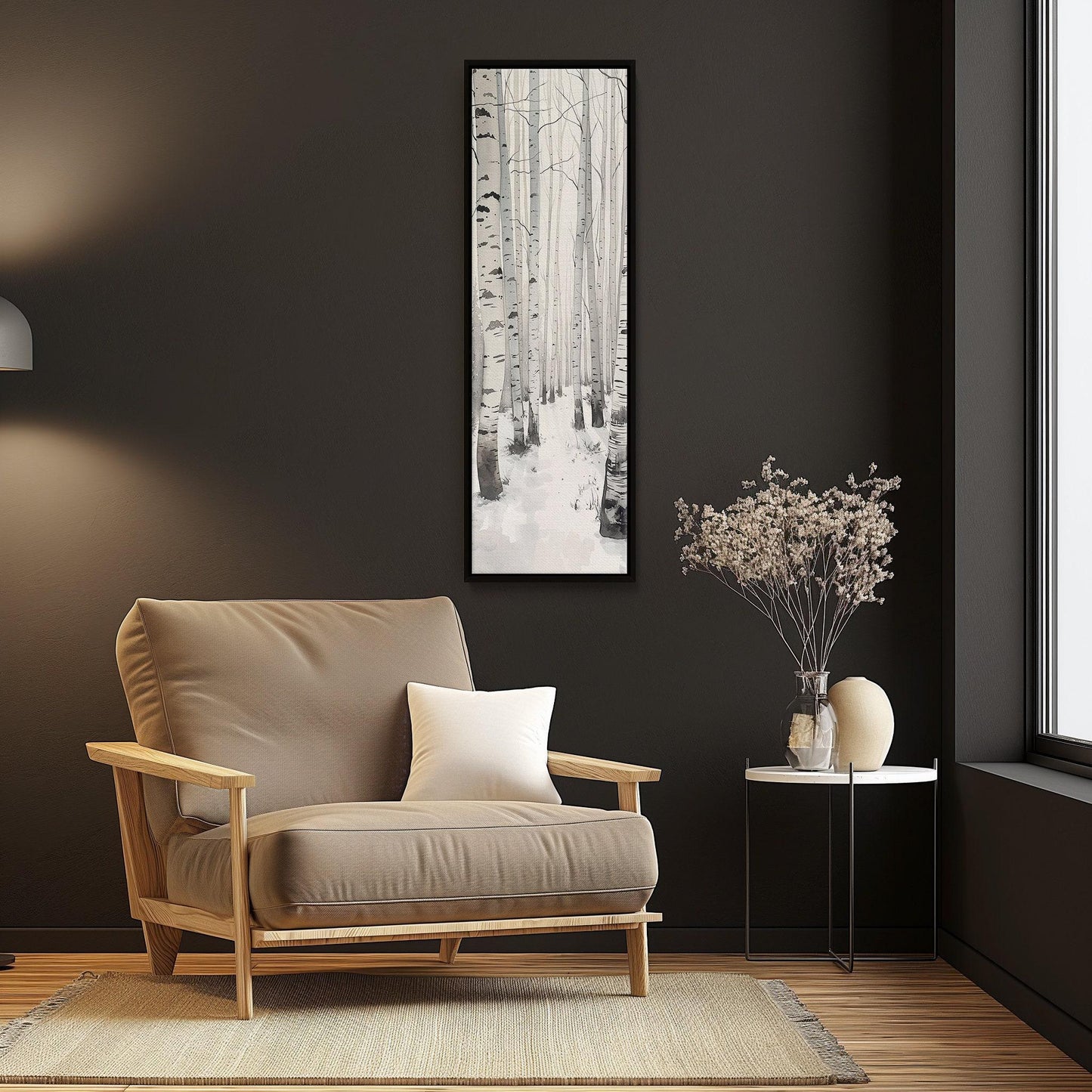 White birch grove forest tall narrow canvas print snow birch trees calm nature wall decor white framed canvas winter landscape ready to hang Wall Art – Canvas Print
