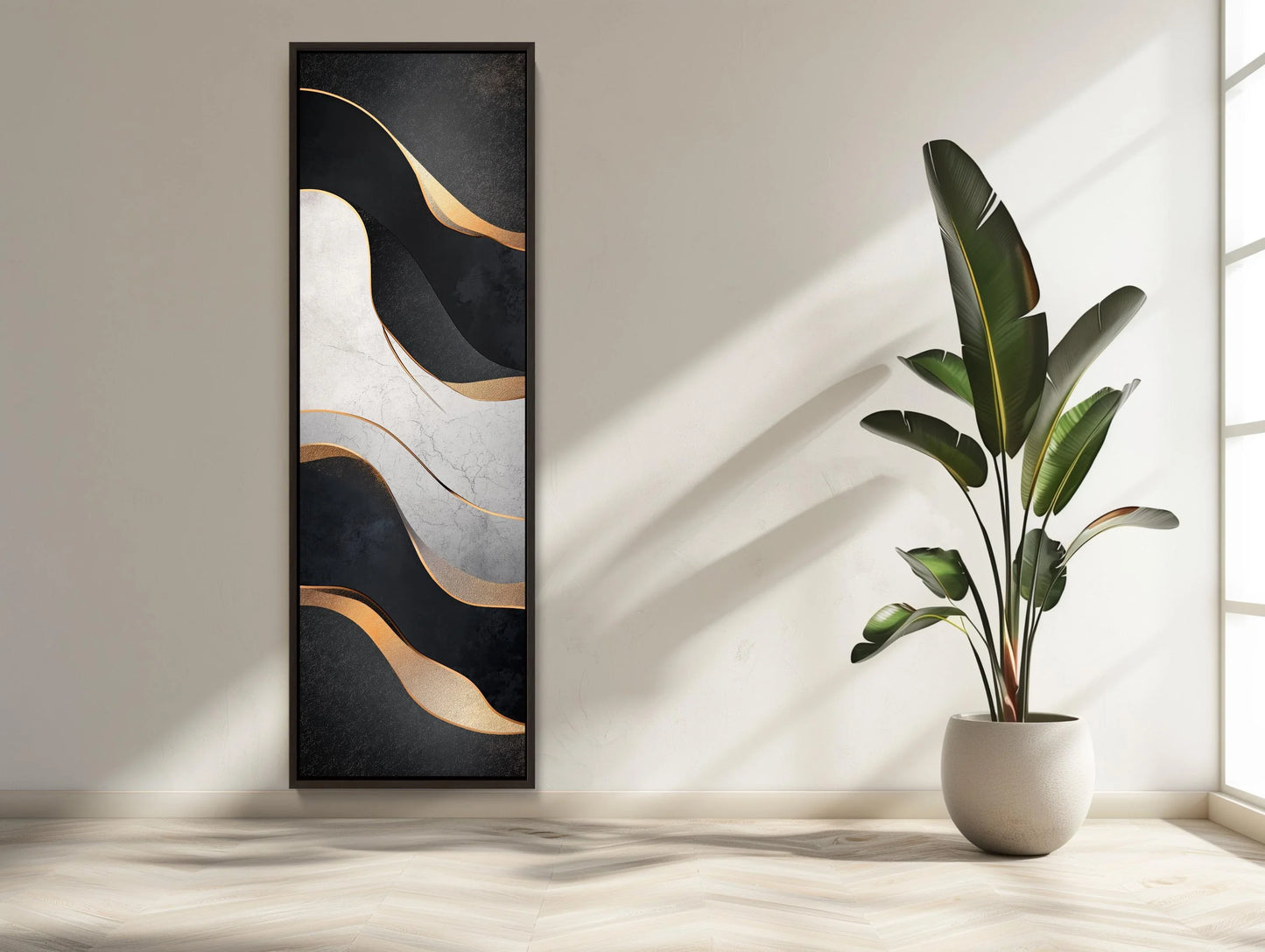Muted Black and White with Gold Modern Design Vertical Canvas Print, Tall Narrow Abstract Wall Art for Bedroom or Office, Ready to Hang Wall Art – Canvas Print