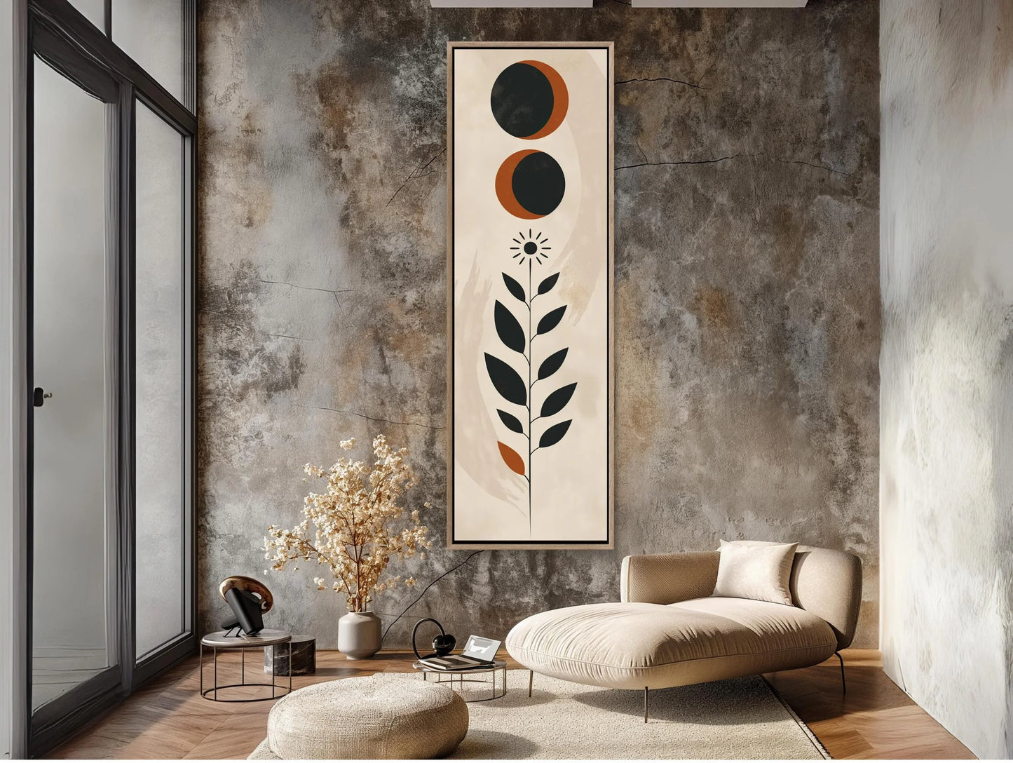 Moon and Leaves Minimalist Tall Narrow Canvas Art - Long Vertical Wall Decor - Modern Nature-Inspired Home Decor, Ready to Hang Wall Art – Canvas Print