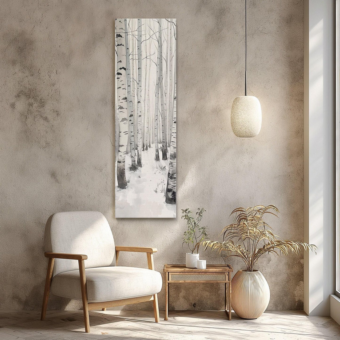 White birch grove forest tall narrow canvas print snow birch trees calm nature wall decor white framed canvas winter landscape ready to hang Wall Art – Canvas Print