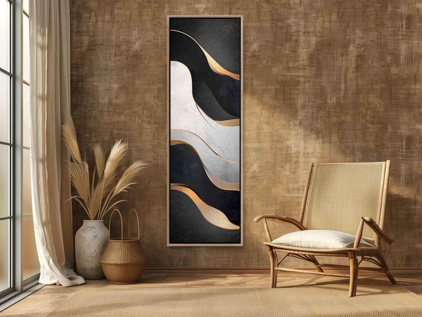 Muted Black and White with Gold Modern Design Vertical Canvas Print, Tall Narrow Abstract Wall Art for Bedroom or Office, Ready to Hang Wall Art – Canvas Print