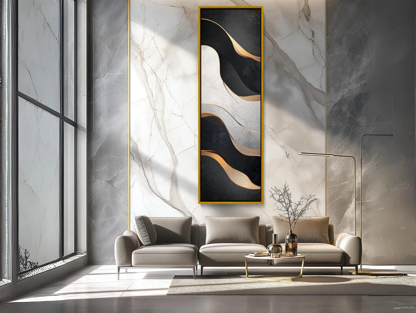 Muted Black and White with Gold Modern Design Vertical Canvas Print, Tall Narrow Abstract Wall Art for Bedroom or Office, Ready to Hang Wall Art – Canvas Print