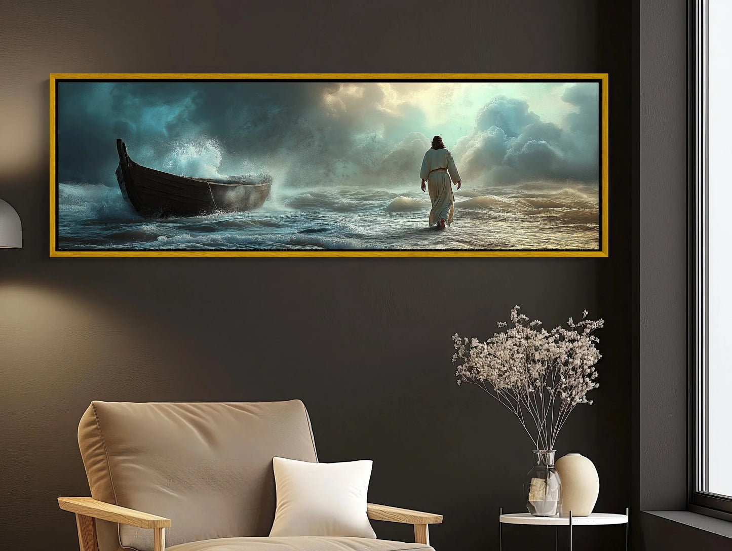 Jesus Walking on the Water Panoramic Canvas Print, Framed Religious Wall Art for Living Room or Prayer Room, Christian Decor, Ready to Hang Wall Art – Canvas Print